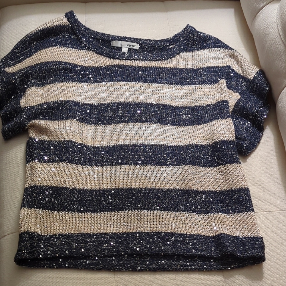 WD.NY Blue and Silver Crew Neck Sweater with Sparkly Stripes